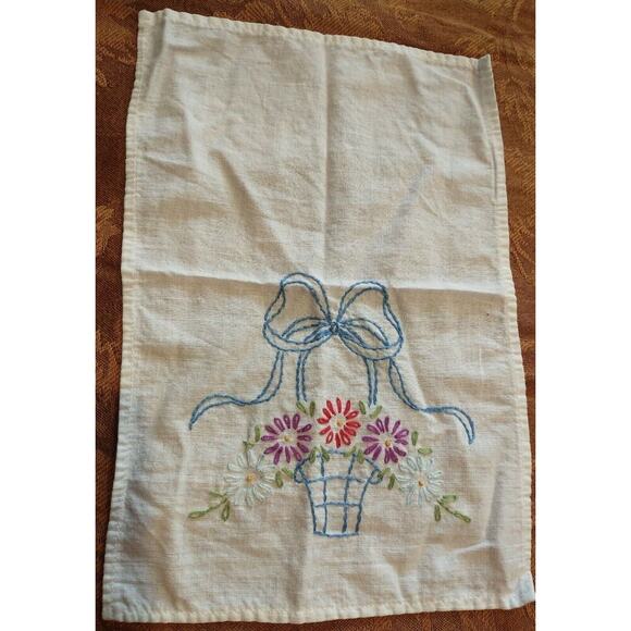 VINTAGE HANKY Handkerchief COTTON BASKET Flowers Floral Cottage core Blue White - Picture 1 of 3